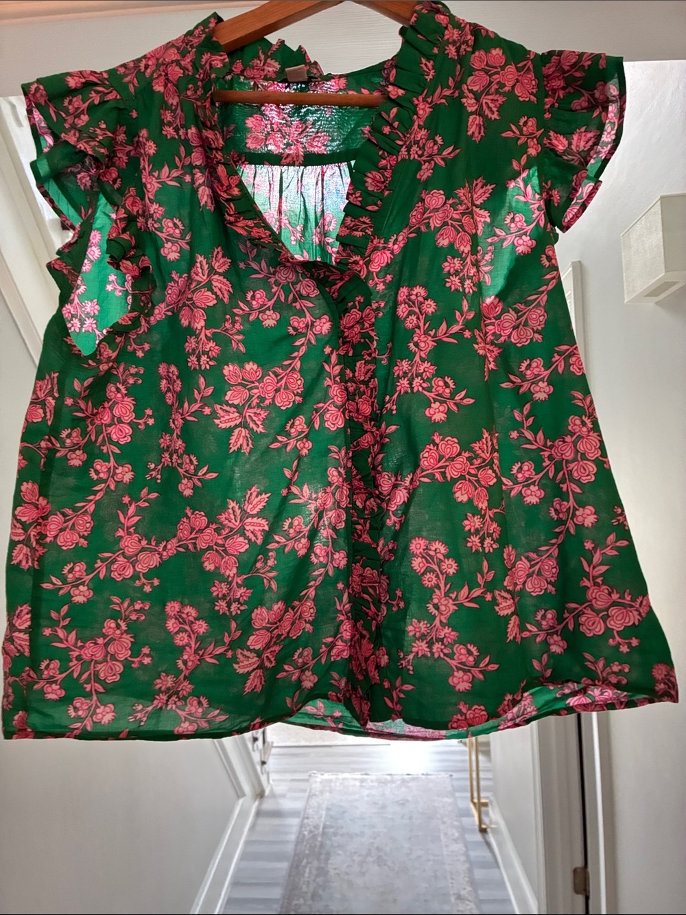 J. Crew Factory Green Blouse with Pink Floral Print and Ruffle Trim
